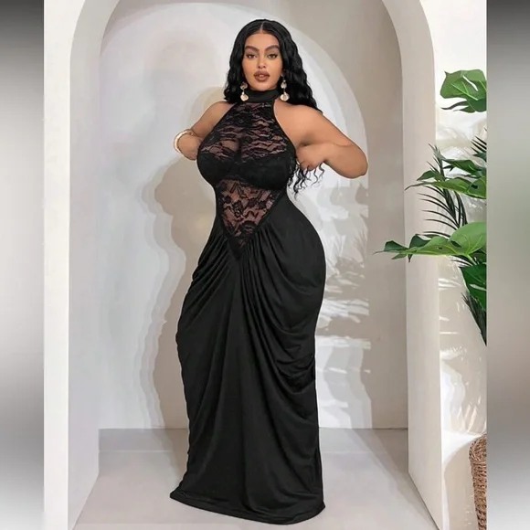 Black Backless Lace Halter Gown - Picture 4 of 8